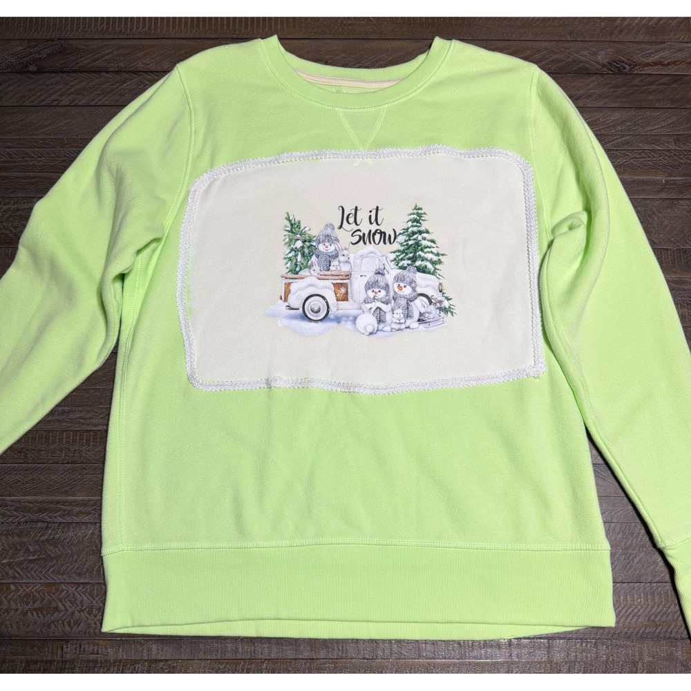 Tek Gear Sweatshirt Women L Lime Green New Let It Snow Graphic Thumbhole Fleece